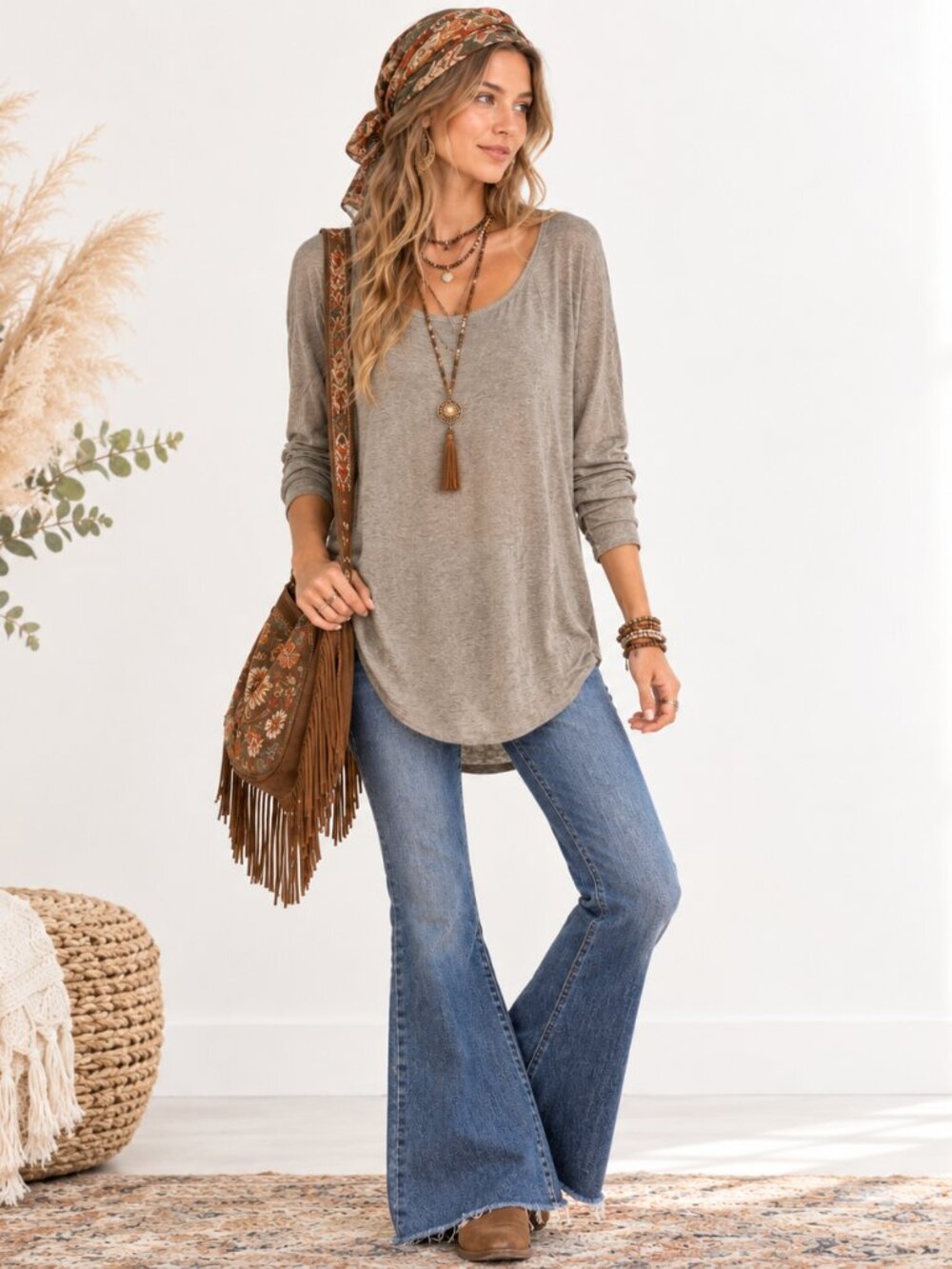 ECOVIBE Women's Oatmeal Tan Boat Neck Sweater S/M Ethereal Elevated Basics Boho